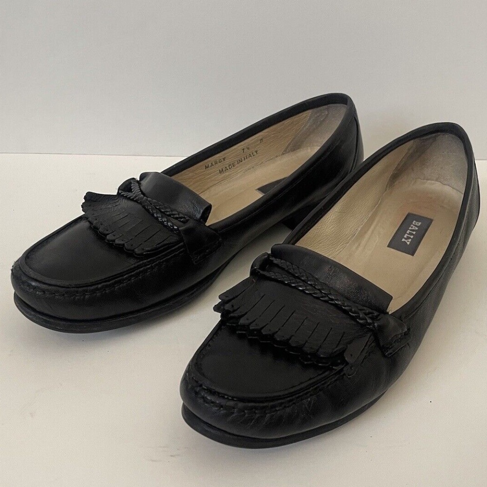 Bally Kilted Slip On Loafers, Women's 7.5, Black Leather Tassel Flats, Preppy